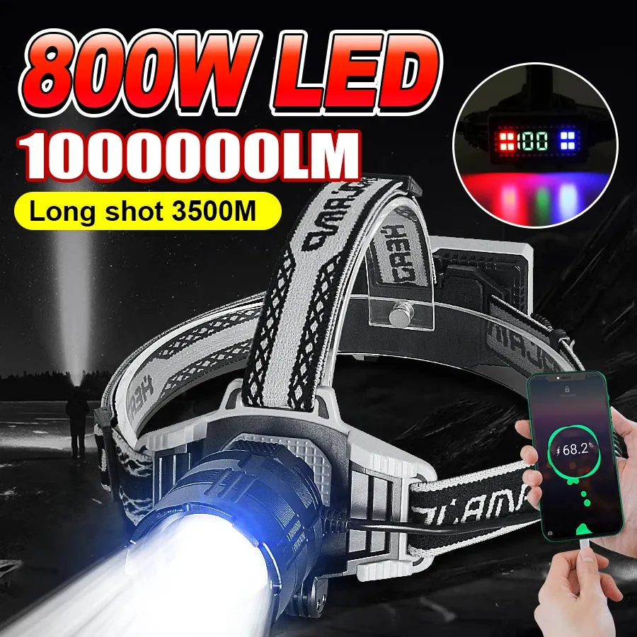 1000000LM Powerful Long Range LED Headlamp, 800W USB Rechargeable Flashlight, High Power Outdoor Head Light for Fishing