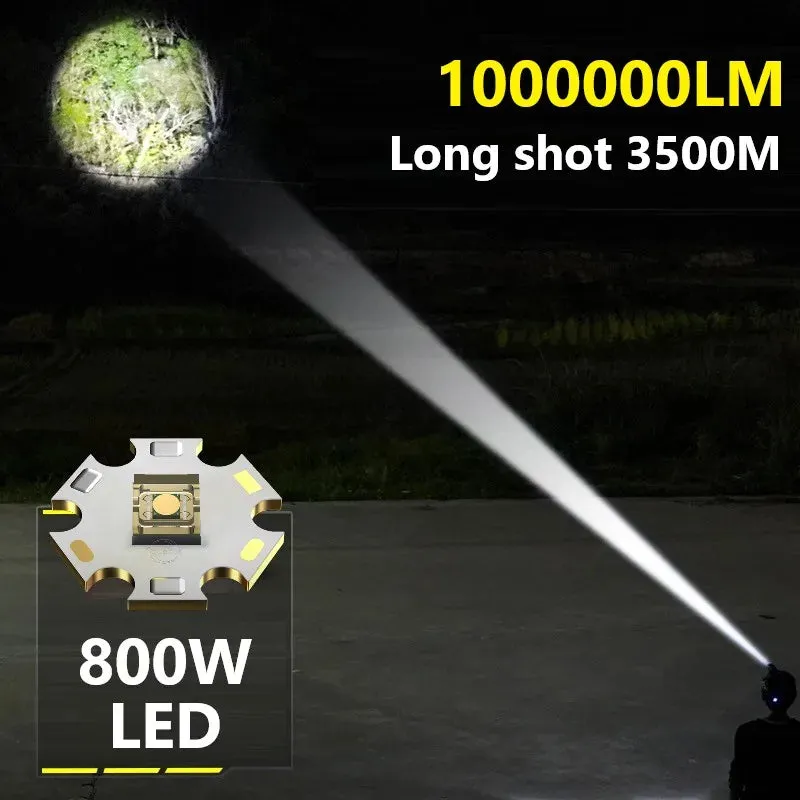 1000000LM Powerful Long Range LED Headlamp, 800W USB Rechargeable Flashlight, High Power Outdoor Head Light for Fishing