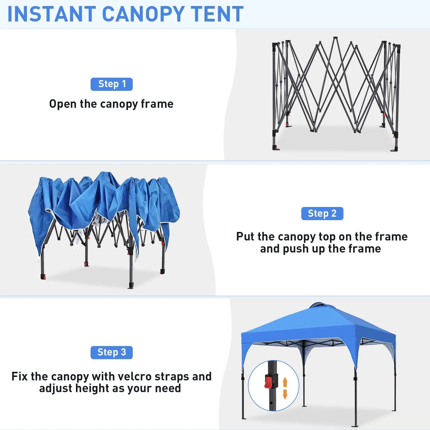 10x10 FT Pop Up Canopy, Instant Outdoor Canopy Tent with Carrying Bag, 3 Adjustable Heights - Portable for Event, Parties, Camping and More Outdoor Activities