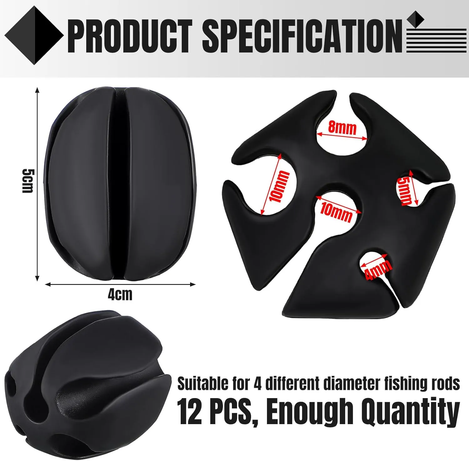 12 Pcs Portable Fishing Pole Rod Holder Clips, Fixed Ball 5 Holes Rubber Fishing Pole Puller Clips Silicone Rod Holder Straps for Travel