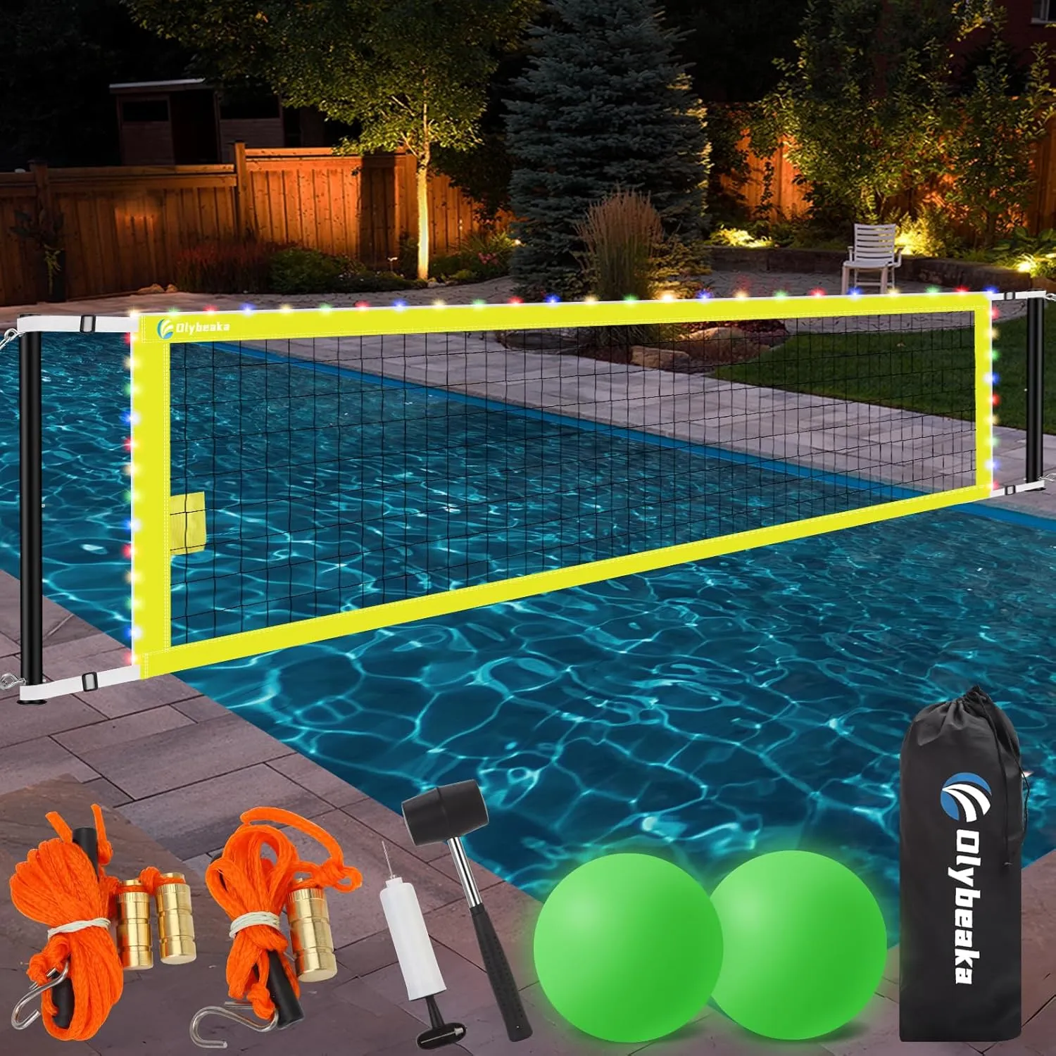 15ft-25ft Adjustable Pool Volleyball Net Set for Outdoor Pool with Anchor and Hammer, Water Volleyball Games Toy for Backyard Party