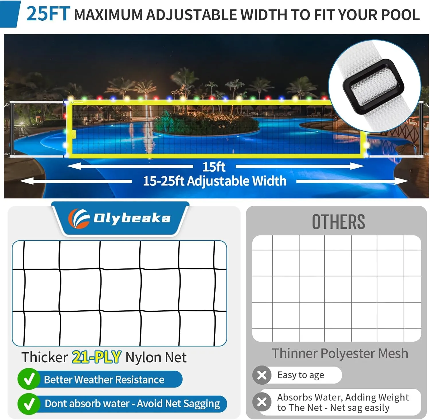 15ft-25ft Adjustable Pool Volleyball Net Set for Outdoor Pool with Anchor and Hammer, Water Volleyball Games Toy for Backyard Party