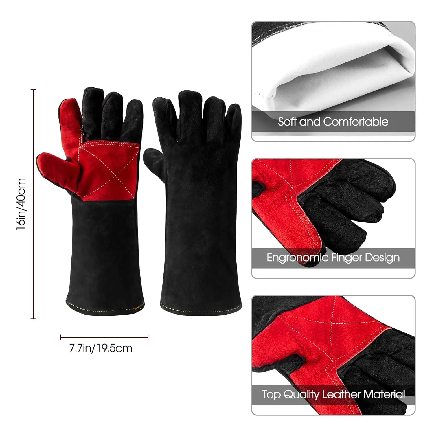 16 Inches Leather Welding Gloves Fire Resistant,Animal Handling Gloves Bite Proof for Cat Dog Snake - Large