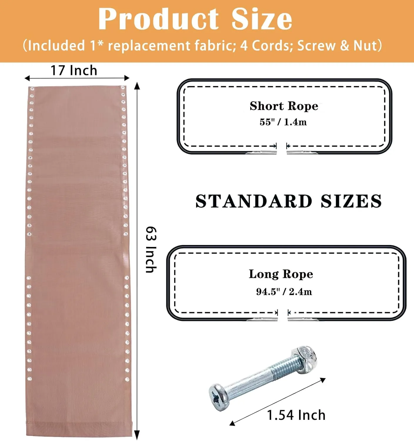 17" 19" 21" Wide Zero Gravity Chair Replacement Fabric, Repair Cloth with 4 Gravity Chair Replacement Cord Screws Kit, Zero Gravity Chair Accessories for Sling Patio Lawn Lounge Chair, Brown