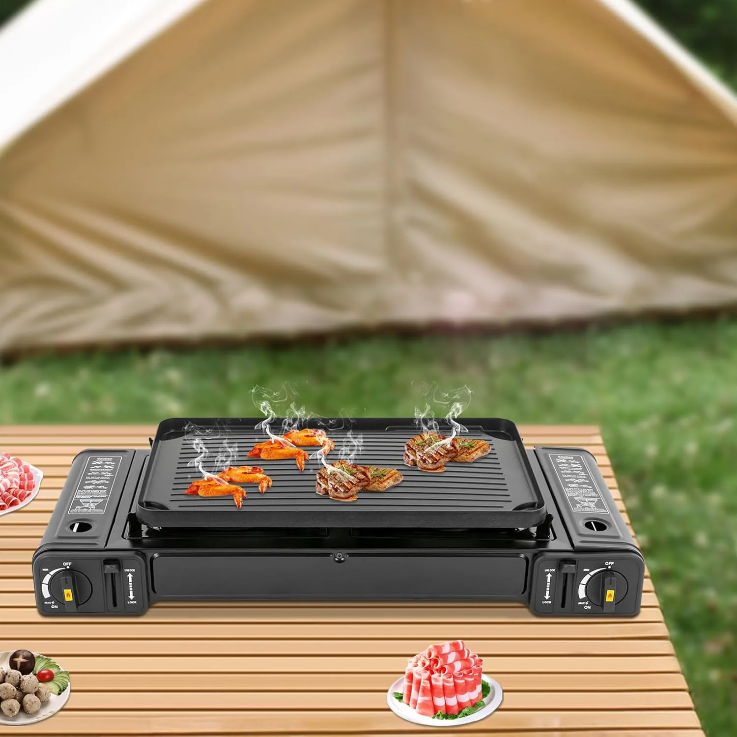 2-Burner Portable Camping Stove Butane Camping Stove with Non-sticking Grill Tray Double Burner Butane Stove for Outdoor and Carrying Case for Camping BBQ