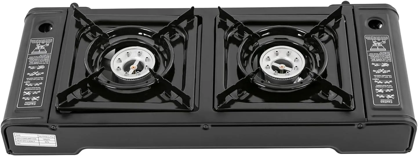 2 Burners Portable Camping Stove, Butane Camping Stove with Carrying Case, Safe Auto Ignition Camping Burner LPG for RV, Apartments, Outdoor & Indoor Use, Adjustable Fire Power