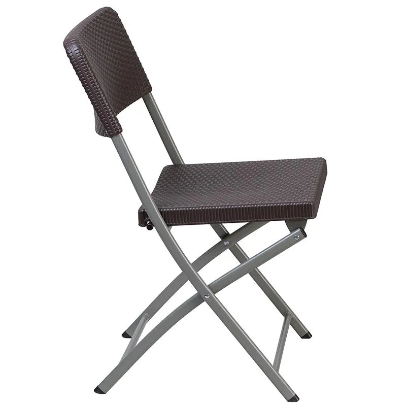 2 Pack HERCULES Series Brown Rattan Plastic Folding Chair with Gray Frame - Flash Furniture