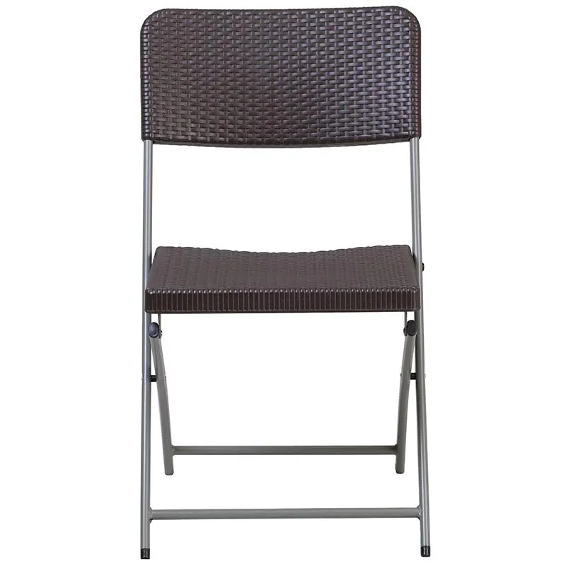 2 Pack HERCULES Series Brown Rattan Plastic Folding Chair with Gray Frame - Flash Furniture
