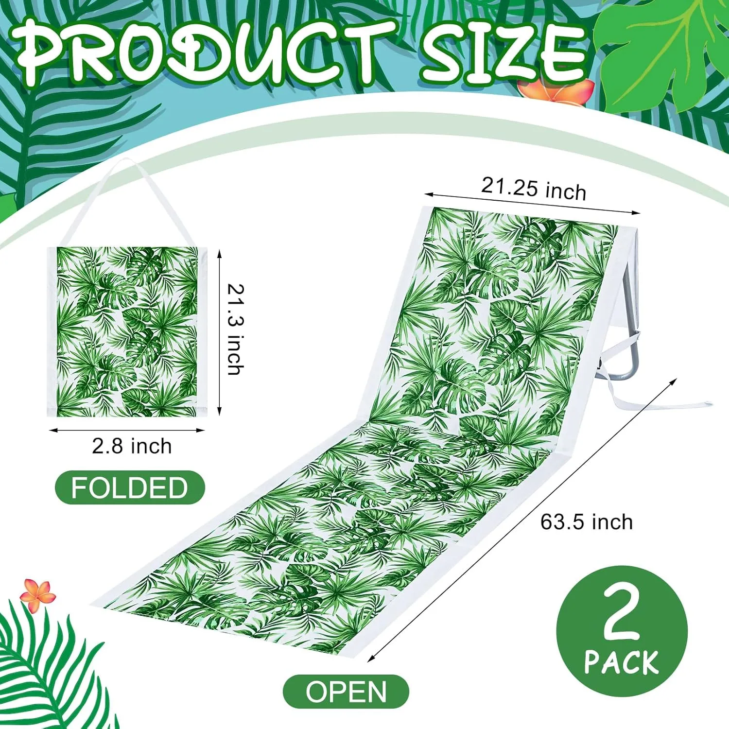 2 Pack Portable Beach Lounge Chair for Adults Folding Tanning Mat Lightweight Sun Beach Lounger Ideal Beach Chairs Adjustable Position Lawn Chair Outdoor Sunbathing(Monstera Leaf)