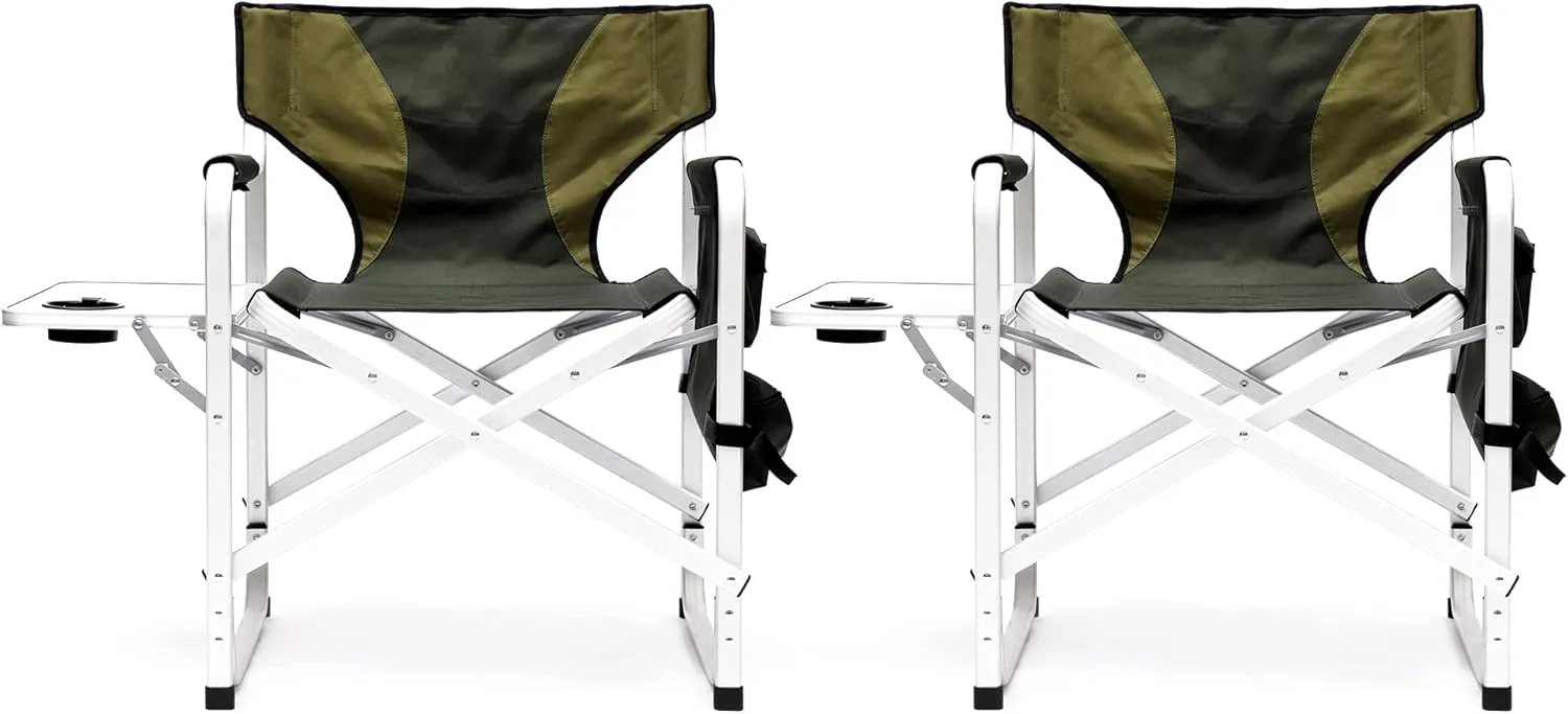 2-Piece Padded Folding Outdoor Chair with Side Table and Storage Pouch, Camping Lawn Picnic Beach & Fishing, Lightweight Folding Directors Chairs Outdoor (Green)
