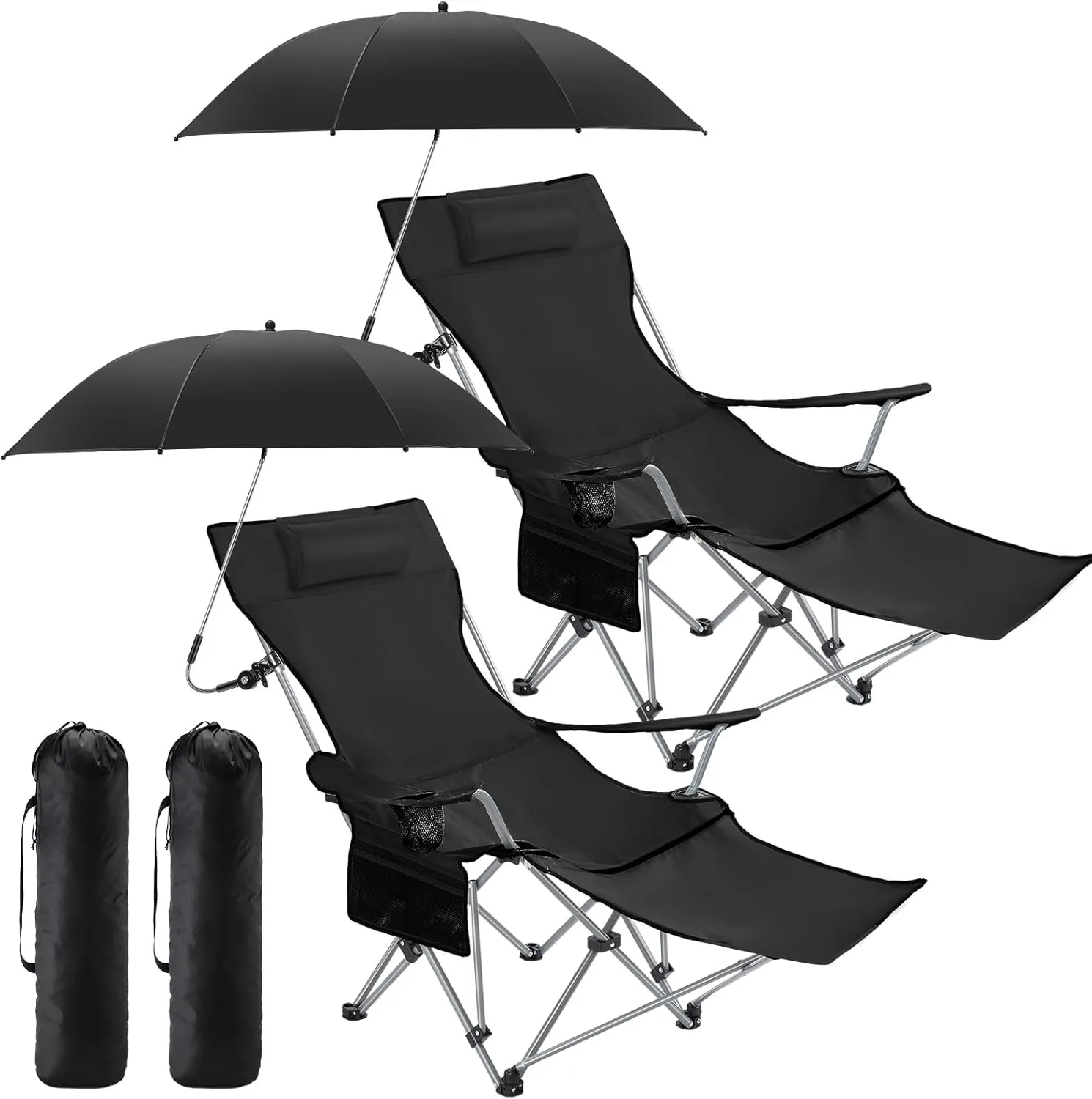 2 Set Reclining Camping Chair with Umbrella for Adult Folding Camping Chair with Foot Rest Adjustable Clamp Canopy Shade, SPF 50 , Lounger for Outdoor Spring Summer Travel (Black,Oxford)