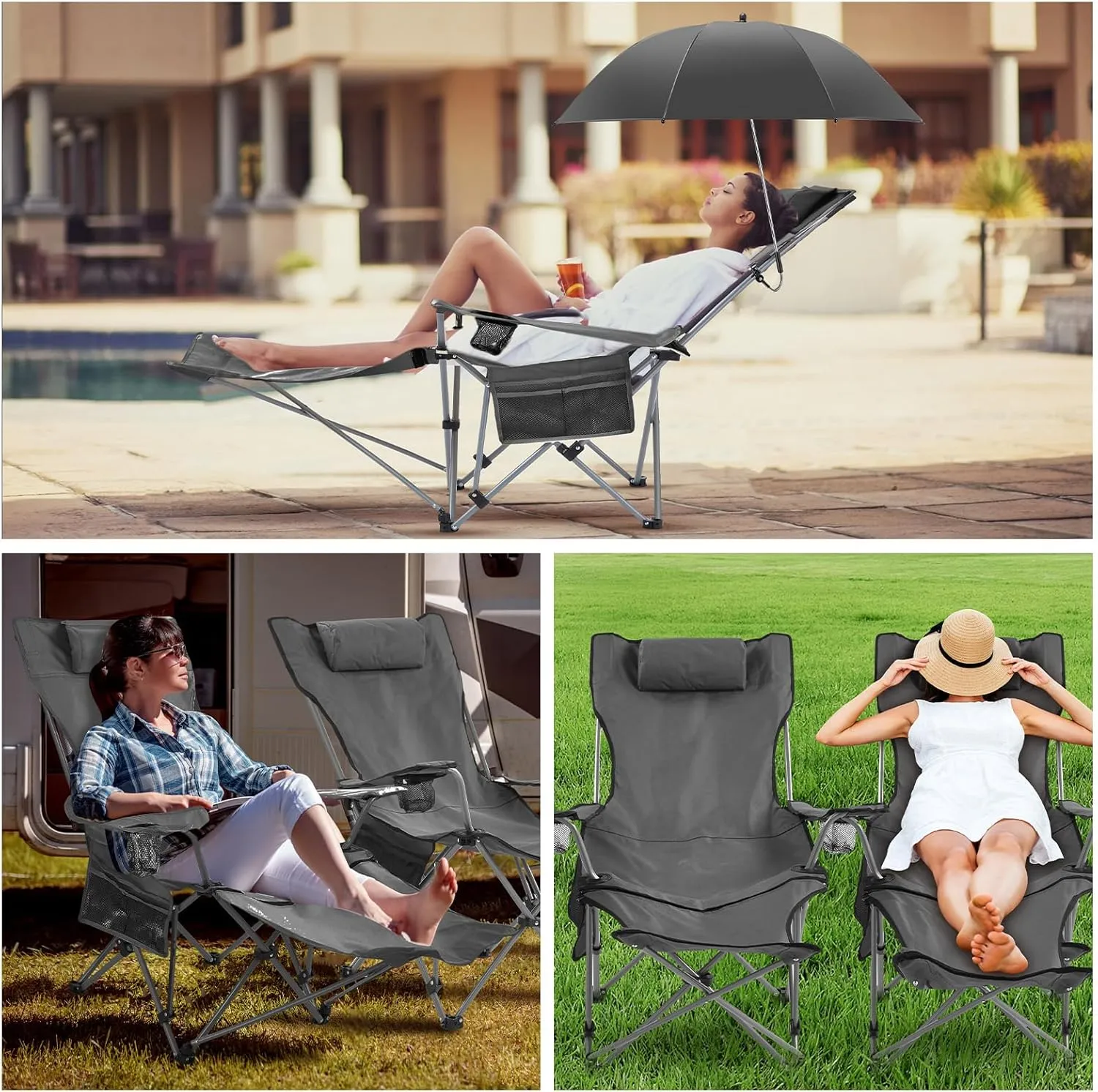 2 Set Reclining Camping Chair with Umbrella for Adult Folding Camping Chair with Foot Rest Adjustable Clamp Canopy Shade, SPF 50 , Lounger for Outdoor Spring Summer Travel (Black,Oxford)