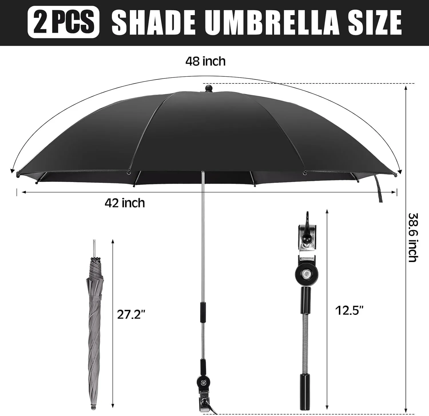 2 Set Reclining Camping Chair with Umbrella for Adult Folding Camping Chair with Foot Rest Adjustable Clamp Canopy Shade, SPF 50 , Lounger for Outdoor Spring Summer Travel (Black,Oxford)