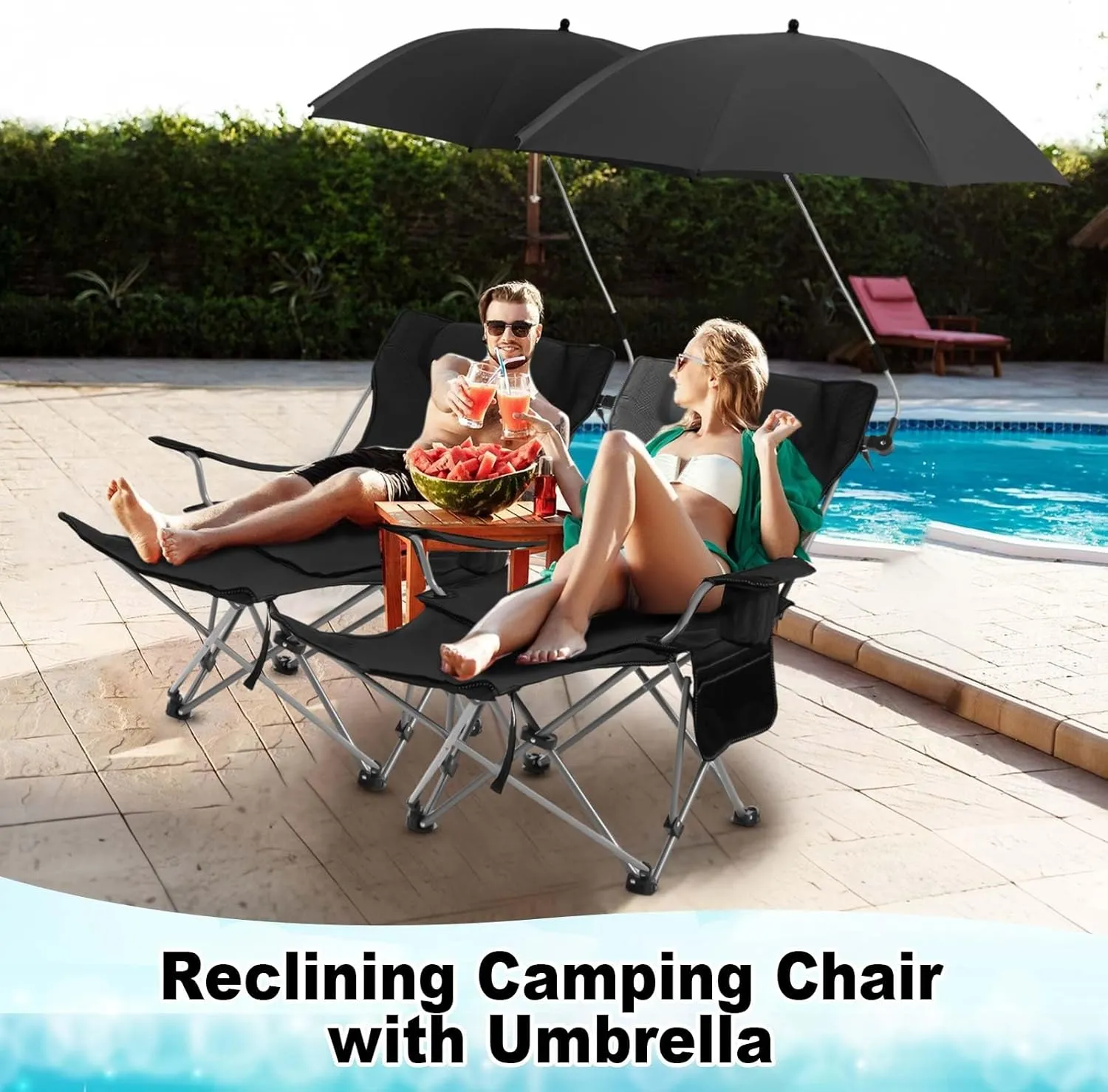 2 Set Reclining Camping Chair with Umbrella for Adult Folding Camping Chair with Foot Rest Adjustable Clamp Canopy Shade, SPF 50 , Lounger for Outdoor Spring Summer Travel (Black,Oxford)
