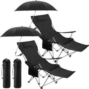 2 Set Reclining Camping Chair with Umbrella for Adult Folding Camping Chair with Foot Rest Adjustable Clamp Canopy Shade, SPF 50 , Lounger for Outdoor Spring Summer Travel (Black,Oxford)
