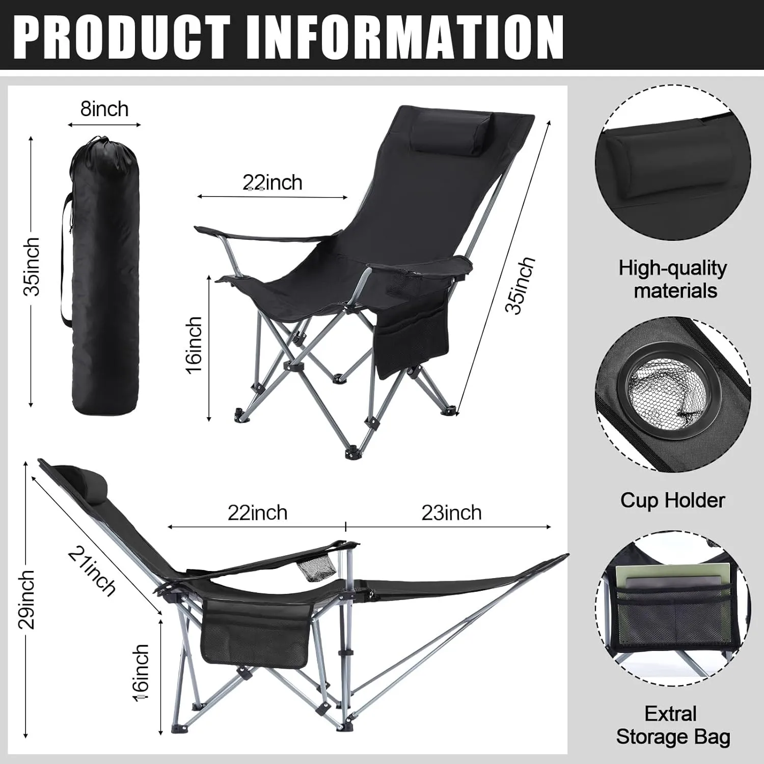 2 Set Reclining Camping Chair with Umbrella for Adult Folding Camping Chair with Foot Rest Adjustable Clamp Canopy Shade, SPF 50 , Lounger for Outdoor Spring Summer Travel (Black,Oxford)