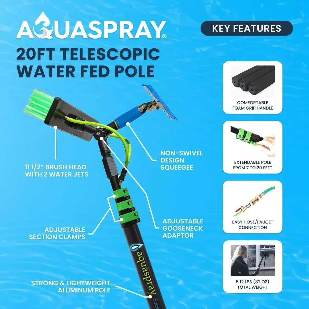 20 Feet Reach Solar Panel Cleaning Brush & Water Fed Pole Kit Professional System for Window & Glass Cleaning Washing Equipment Tool Scrubber Brush & Hose Spray Washer