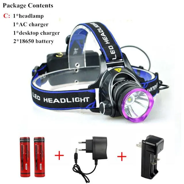 2000LM Led Headlamp T6 Headlight Head Torch Flashlight Head Lamp with 18650 Battery for Camping Fishing Hunting Waterproof Light