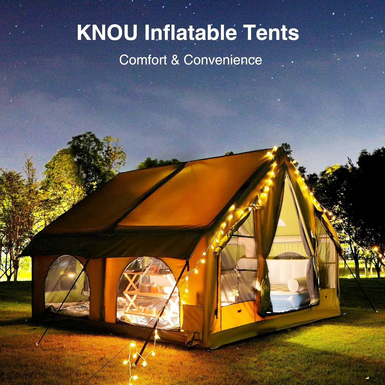 2025 Upgraded 100% Waterproof Inflatable Camping Tent, Large Blow-Up Air Tent, No Assembly Needed Luxury Glamping House, Oxford Fabric