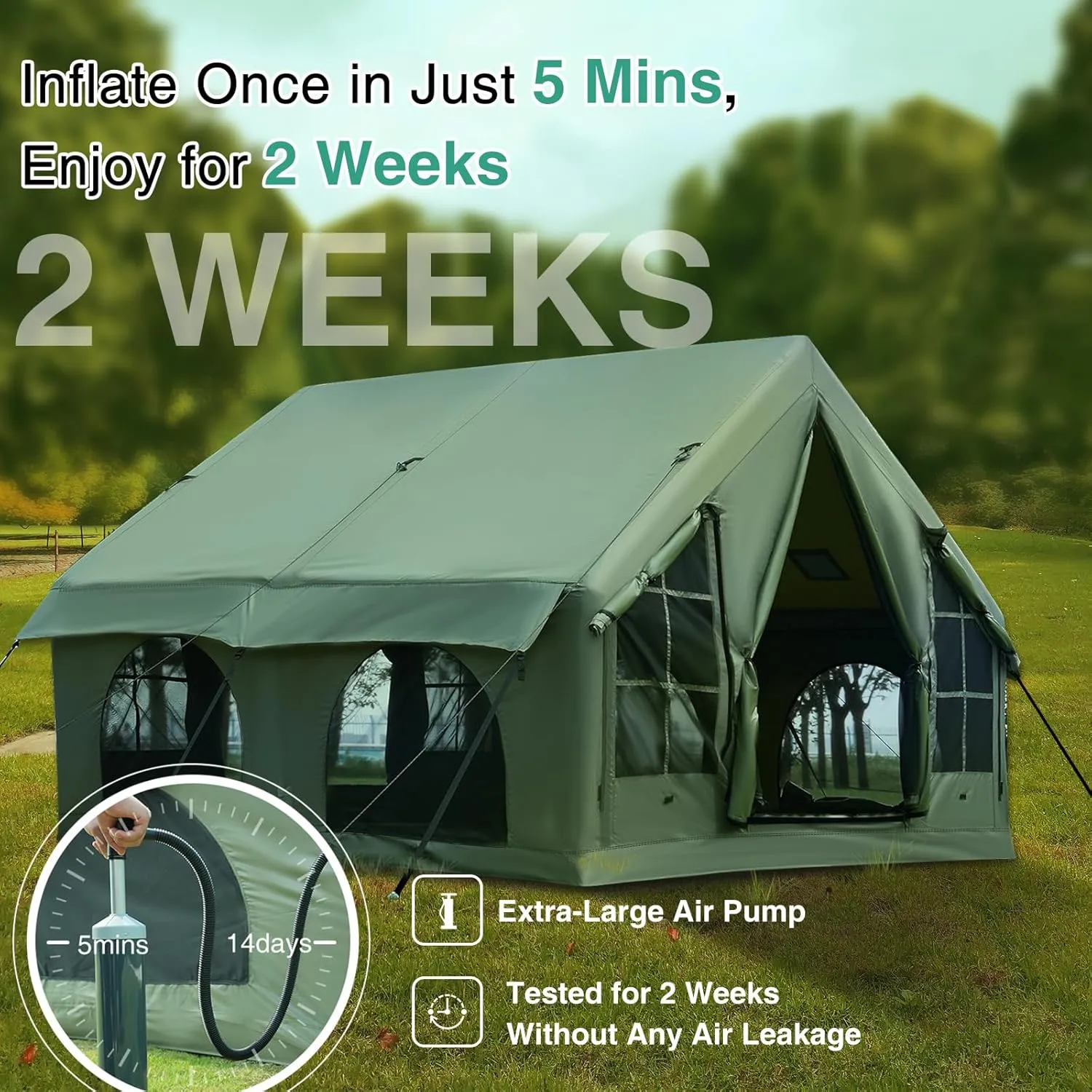 2025 Upgraded 100% Waterproof Inflatable Camping Tent, Large Blow-Up Air Tent, No Assembly Needed Luxury Glamping House, Oxford Fabric