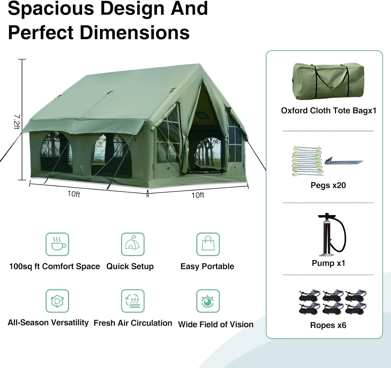 2025 Upgraded 100% Waterproof Inflatable Camping Tent, Large Blow-Up Air Tent, No Assembly Needed Luxury Glamping House, Oxford Fabric