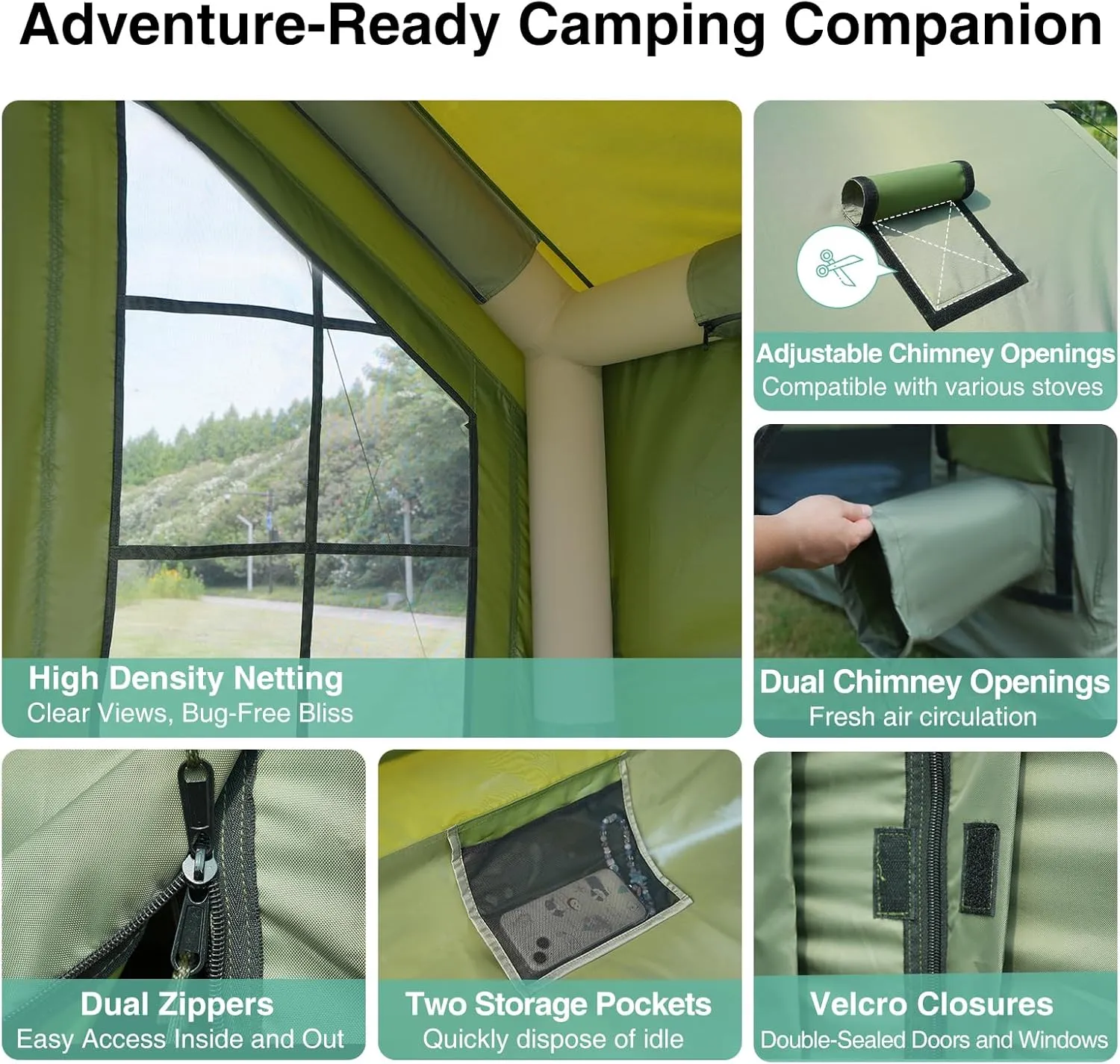 2025 Upgraded 100% Waterproof Inflatable Camping Tent, Large Blow-Up Air Tent, No Assembly Needed Luxury Glamping House, Oxford Fabric