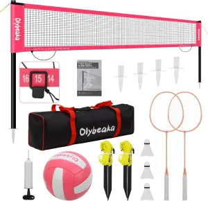 20ft Volleyball & Badminton Combo Net Set Outdoor for Backyard Beach with Adjustable Poles, Durable Anti-Sag Net, PU Volleyball, 2 Aluminum Rackets, Carry Bag for Easy Portable