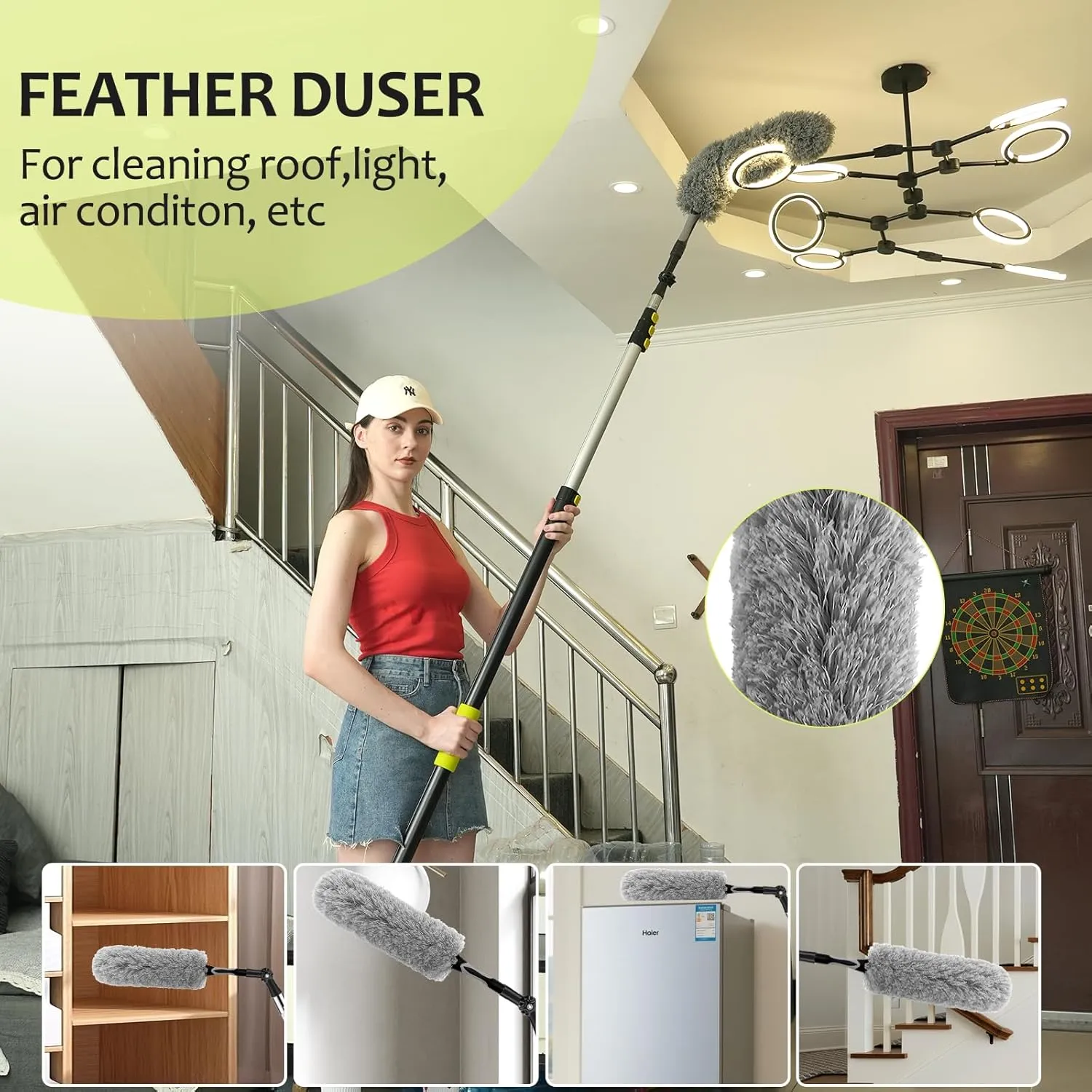24ft High Reach Duster Kit,5-18ft Lightweight Aluminum Alloy Extension Rod,4 Dust Removal Tools,210° Steering Head Clean Various Angle,High Duster with Extension Pole for Cleaning Ceiling,High Wall