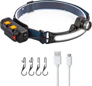 270°Wide Beam LED Head Lamp, Headlamp Rechargeable with 6 Lighting Modes Motion Sensor, Zoomable LED Headband for Hard Hat, Camping, Hiking