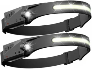 2Pcs COB LED Headlamp USB Rechargeable Headlight Torch Work Light Bar Head Band Lamp for Camping, Teaching, Hunting, Hiking, Searching, Night Fishing, Night Riding