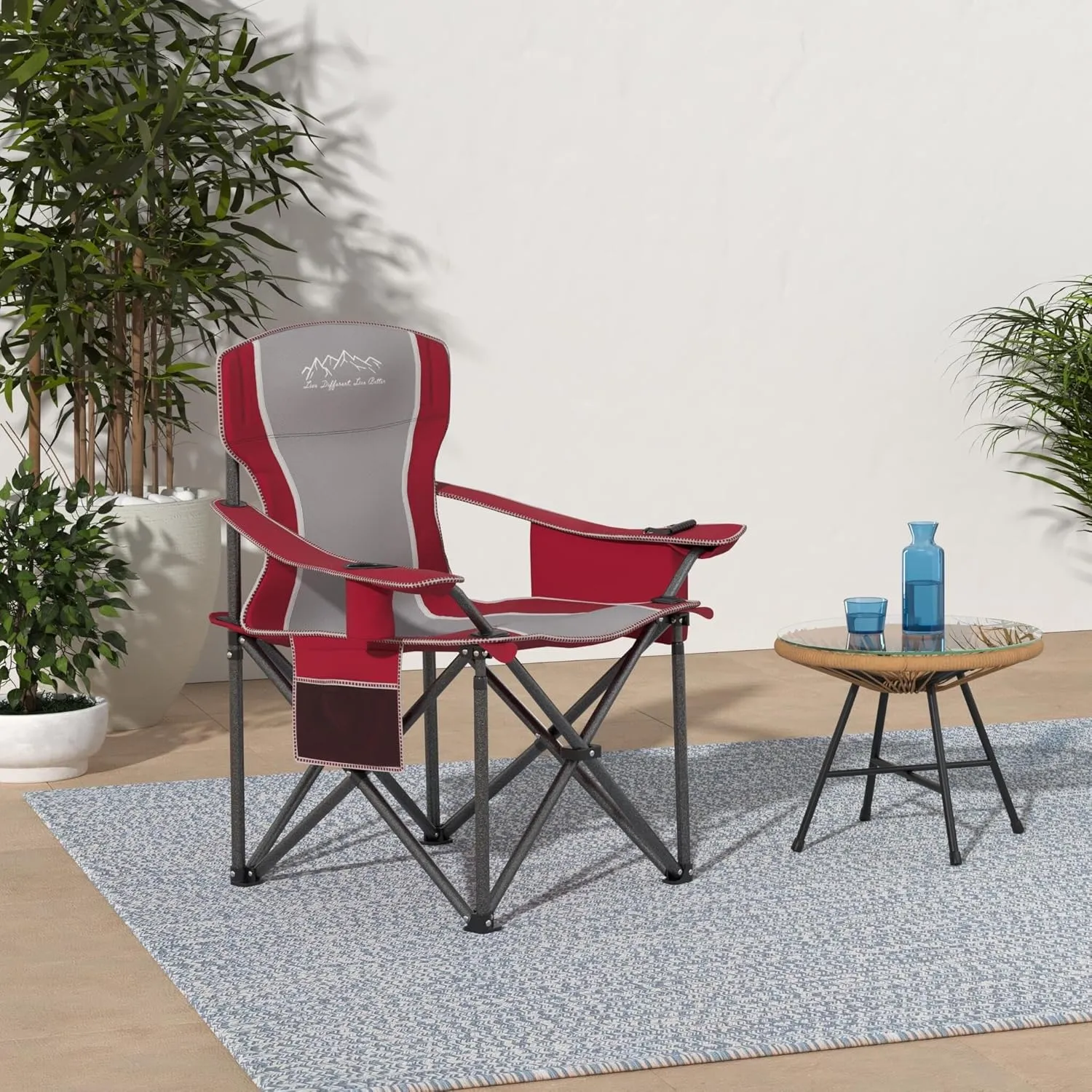 2PCS Folding Camping Chair, Heavy Duty Portable Lawn Chairs with Cooler Bag, Side Pocket & Cup Holder, Folding Chairs for Outside Support 450lbs Red