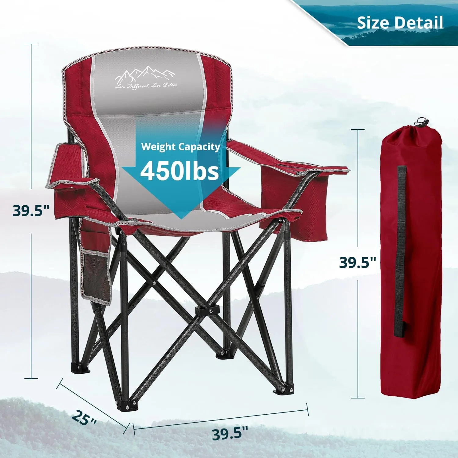 2PCS Folding Camping Chair, Heavy Duty Portable Lawn Chairs with Cooler Bag, Side Pocket & Cup Holder, Folding Chairs for Outside Support 450lbs Red