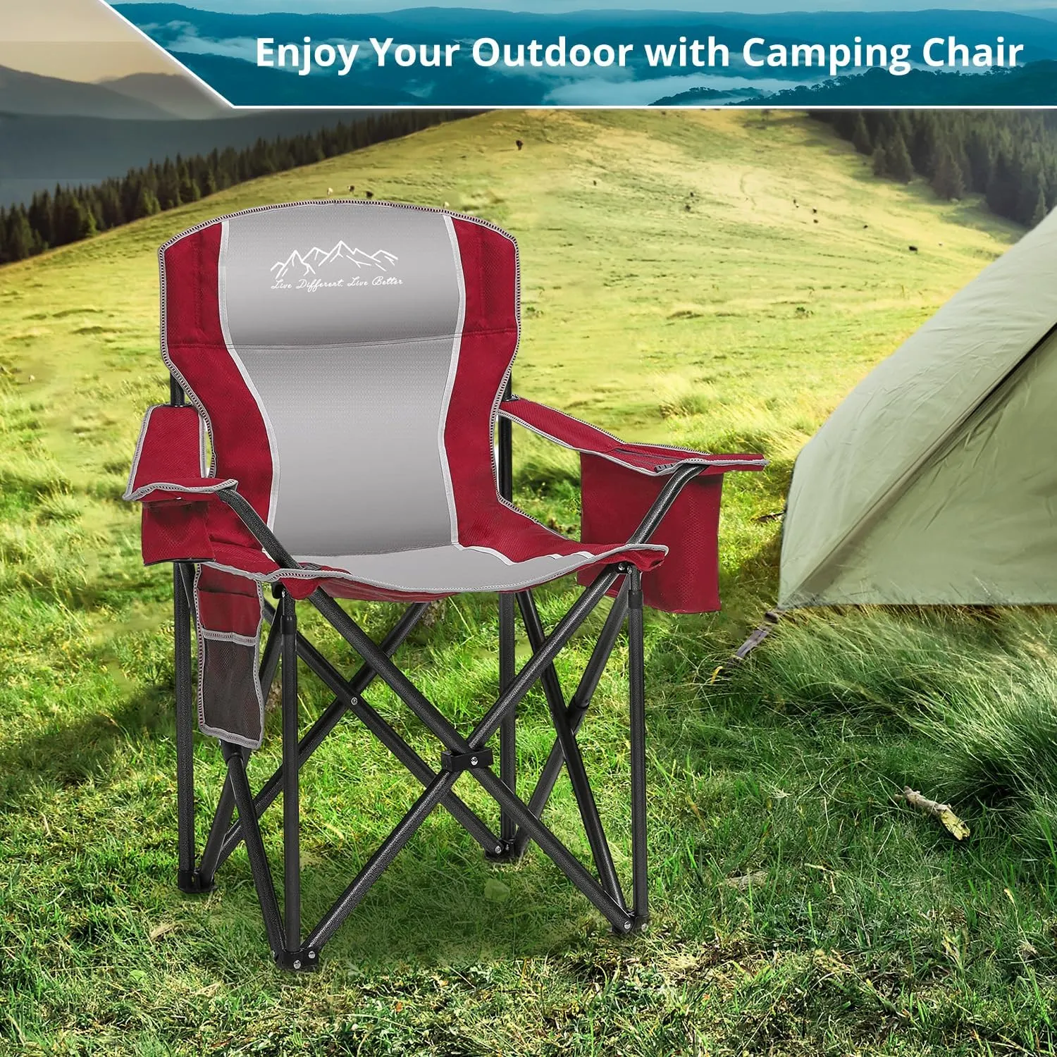 2PCS Folding Camping Chair, Heavy Duty Portable Lawn Chairs with Cooler Bag, Side Pocket & Cup Holder, Folding Chairs for Outside Support 450lbs Red