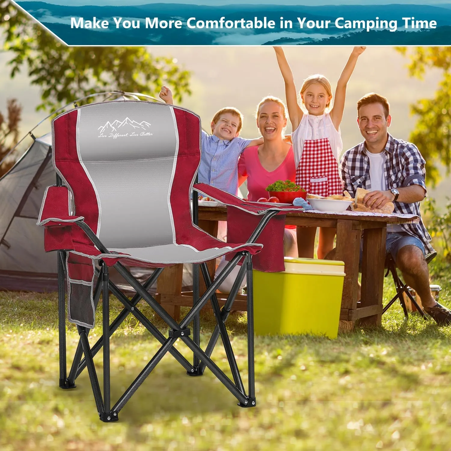2PCS Folding Camping Chair, Heavy Duty Portable Lawn Chairs with Cooler Bag, Side Pocket & Cup Holder, Folding Chairs for Outside Support 450lbs Red