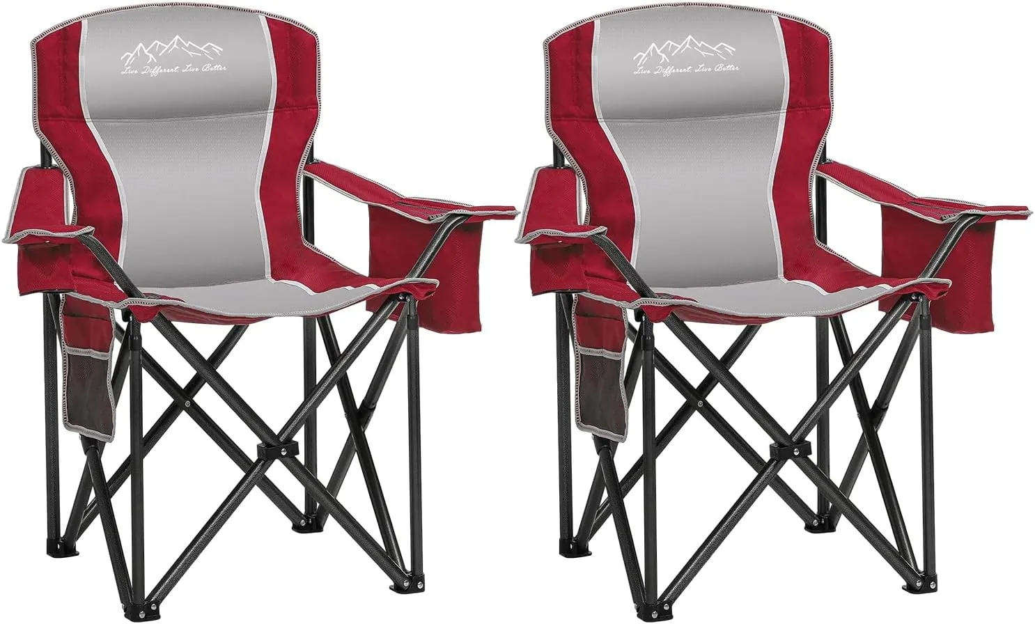 2PCS Folding Camping Chair, Heavy Duty Portable Lawn Chairs with Cooler Bag, Side Pocket & Cup Holder, Folding Chairs for Outside Support 450lbs Red