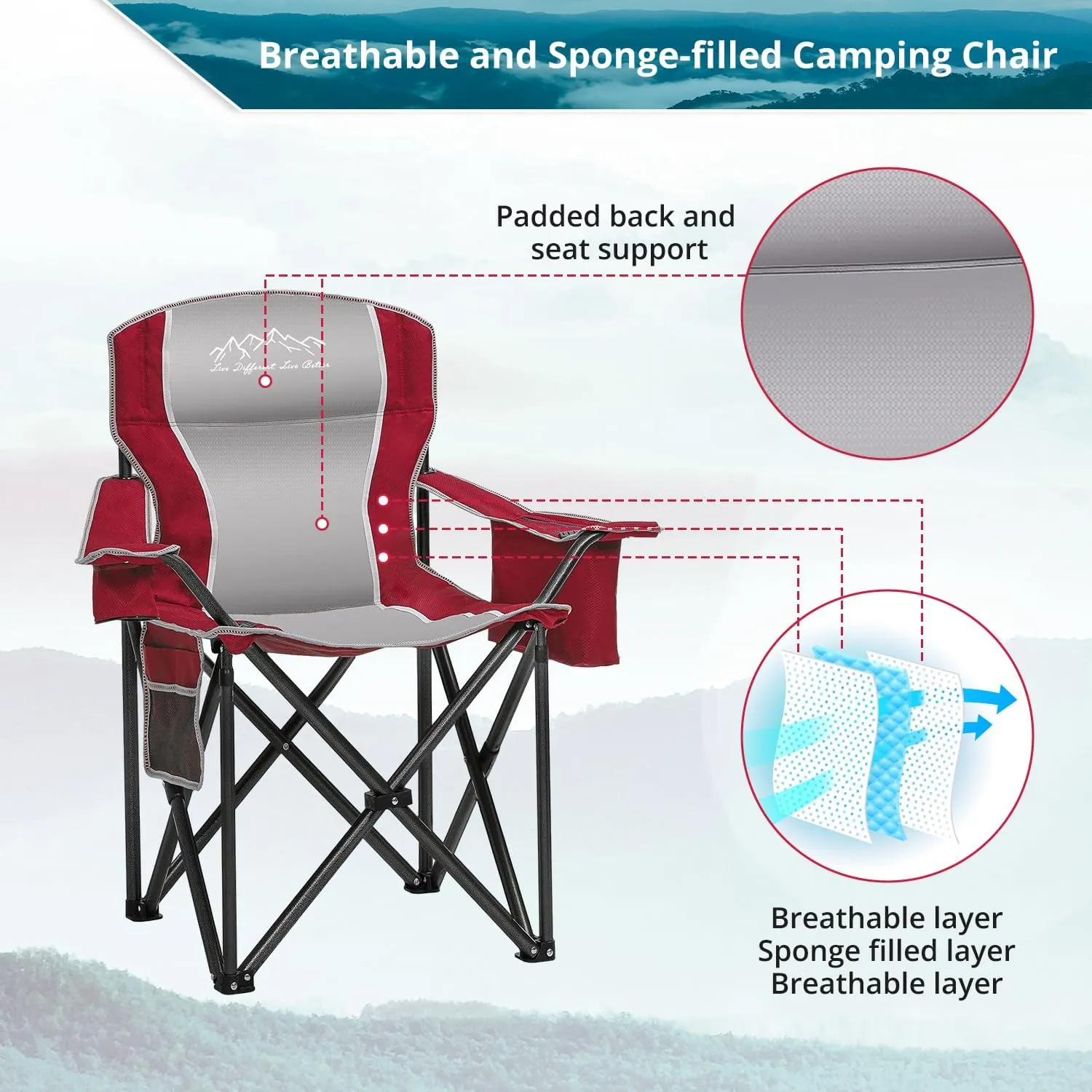 2PCS Folding Camping Chair, Heavy Duty Portable Lawn Chairs with Cooler Bag, Side Pocket & Cup Holder, Folding Chairs for Outside Support 450lbs Red