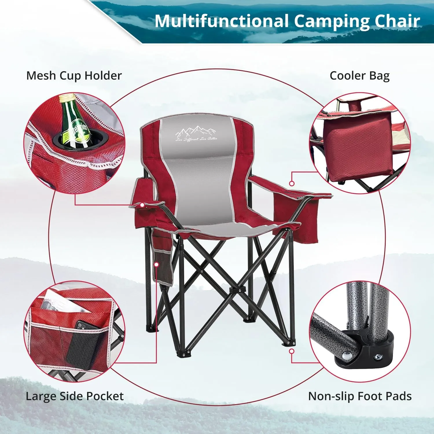 2PCS Folding Camping Chair, Heavy Duty Portable Lawn Chairs with Cooler Bag, Side Pocket & Cup Holder, Folding Chairs for Outside Support 450lbs Red