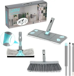 3-in-1 Detachable Broom and Mop Set Combo for House Cleaning, Collapsible Broom and Mop for RV Camping, Home, Dorm, Extension Pole, Window Squeegee, Grey
