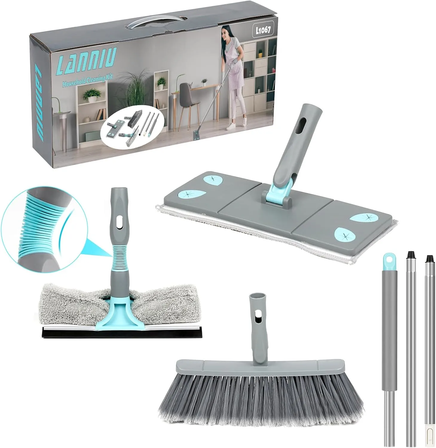 3-in-1 Detachable Broom and Mop Set Combo for House Cleaning, Collapsible Broom and Mop for RV Camping, Home, Dorm, Extension Pole, Window Squeegee, Grey