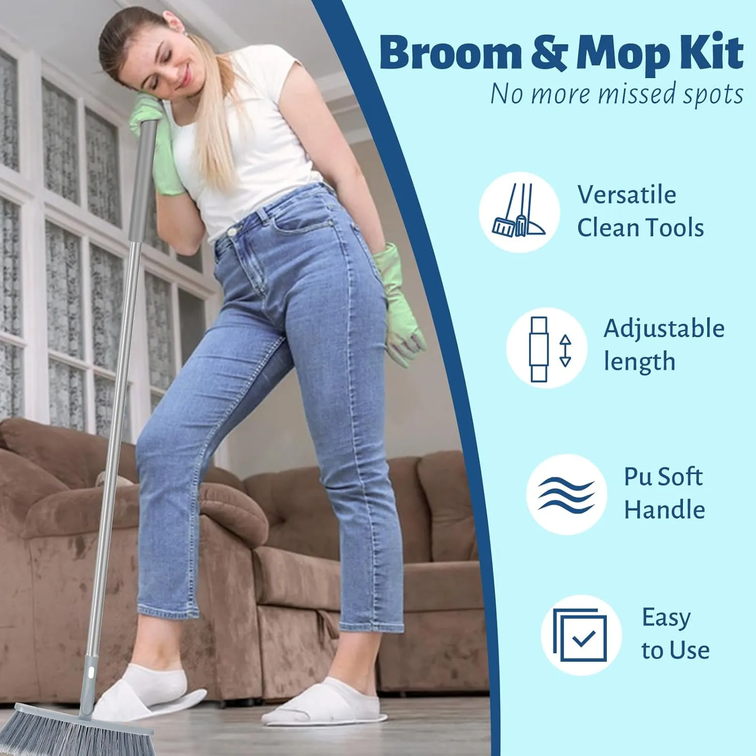 3-in-1 Detachable Broom and Mop Set Combo for House Cleaning, Collapsible Broom and Mop for RV Camping, Home, Dorm, Extension Pole, Window Squeegee, Grey