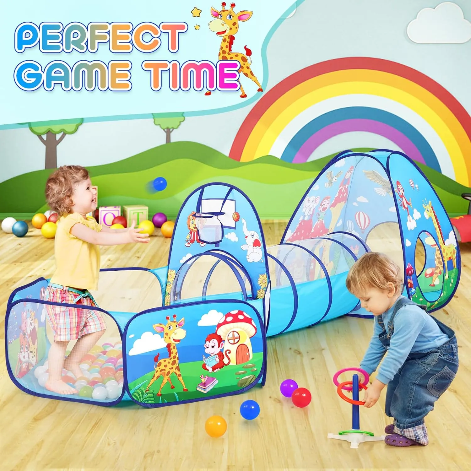 3 in 1 Kids Play Tent for Toddler with Baby Ball Pit and Play Tunnel, Children Indoor Outdoor Playhouse with Climbing Tunnel Toy for Toddlers, Boys and Girls Best Birthday Gifts (3pc Jungle Ball Pit)