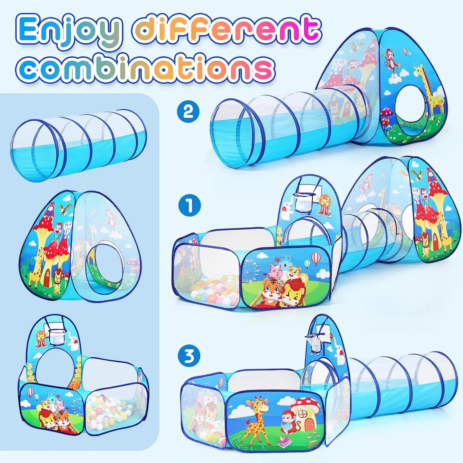 3 in 1 Kids Play Tent for Toddler with Baby Ball Pit and Play Tunnel, Children Indoor Outdoor Playhouse with Climbing Tunnel Toy for Toddlers, Boys and Girls Best Birthday Gifts (3pc Jungle Ball Pit)