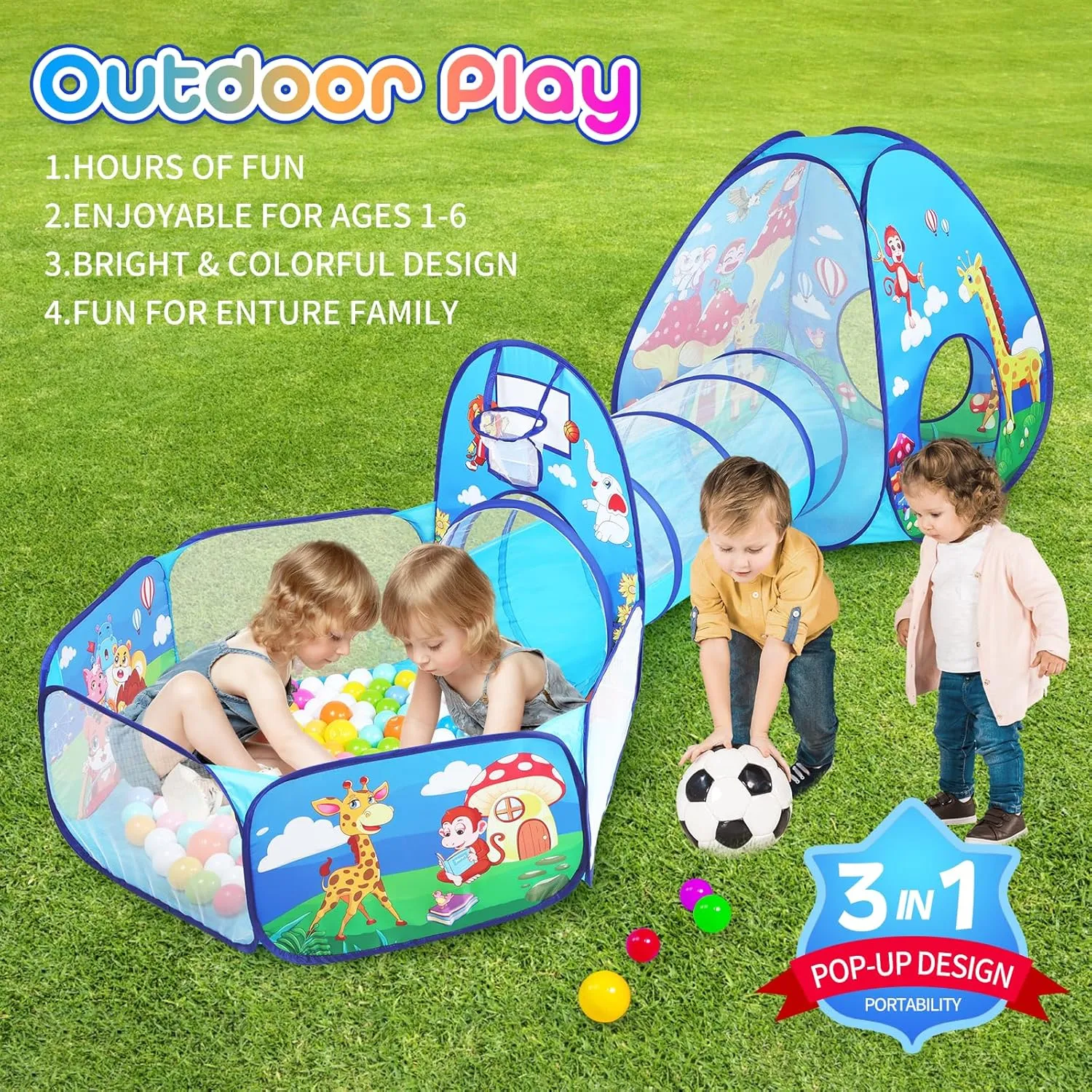 3 in 1 Kids Play Tent for Toddler with Baby Ball Pit and Play Tunnel, Children Indoor Outdoor Playhouse with Climbing Tunnel Toy for Toddlers, Boys and Girls Best Birthday Gifts (3pc Jungle Ball Pit)
