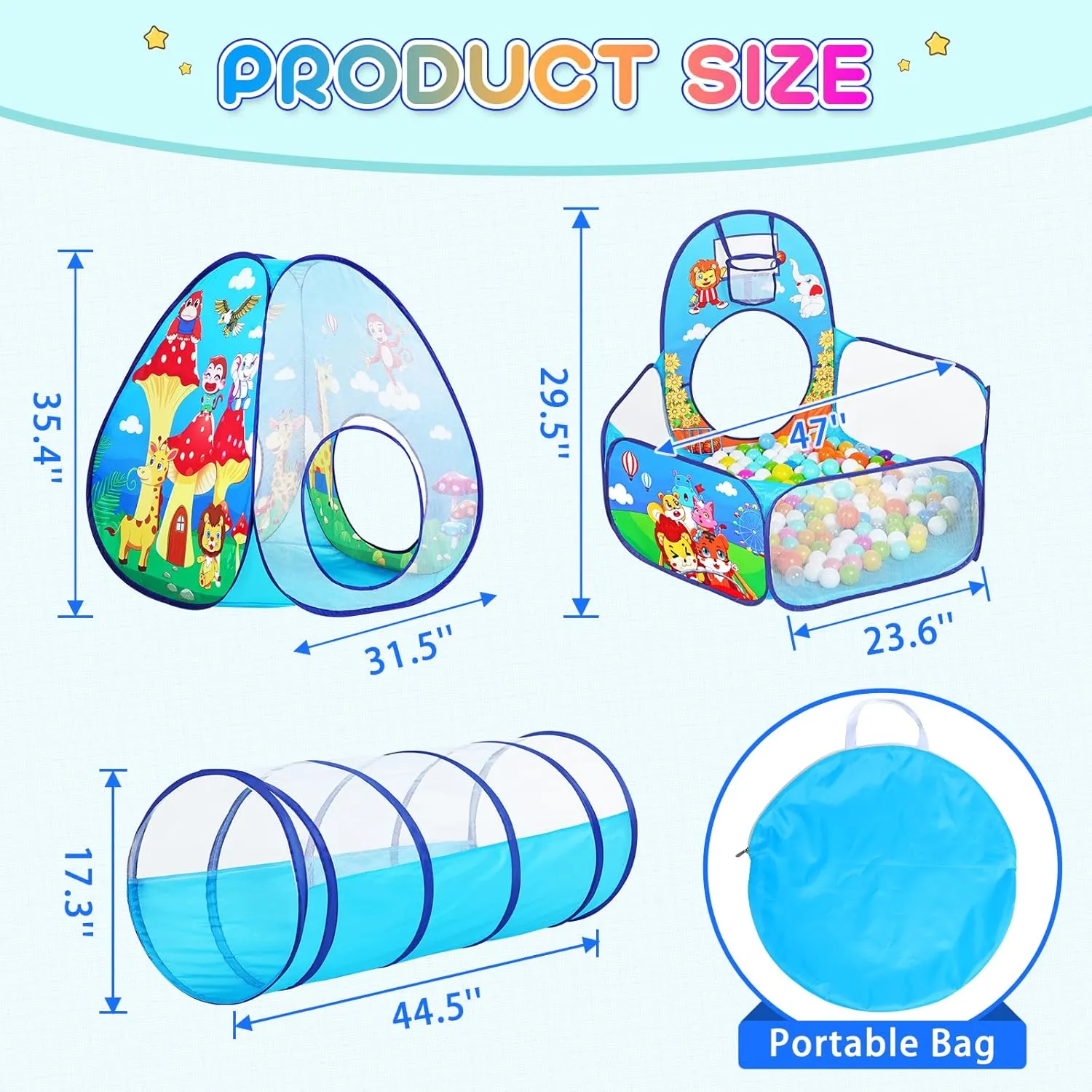 3 in 1 Kids Play Tent for Toddler with Baby Ball Pit and Play Tunnel, Children Indoor Outdoor Playhouse with Climbing Tunnel Toy for Toddlers, Boys and Girls Best Birthday Gifts (3pc Jungle Ball Pit)