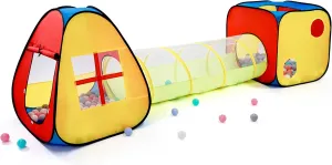 3 in 1 Pop Up Kids Play Tent with Tunnel and Ball Pit for Kids, Boys, Girls, Babies and Toddlers, Indoor/Outdoor Playhouse, Red&Yellow&Blue