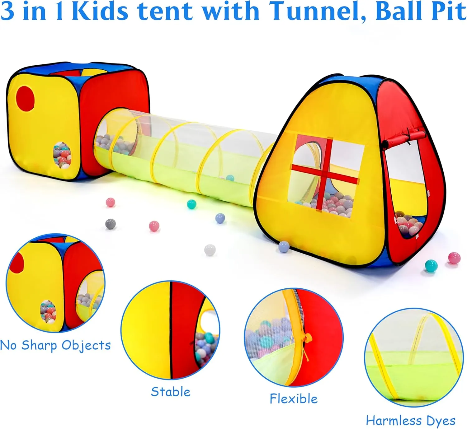 3 in 1 Pop Up Kids Play Tent with Tunnel and Ball Pit for Kids, Boys, Girls, Babies and Toddlers, Indoor/Outdoor Playhouse, Red&Yellow&Blue