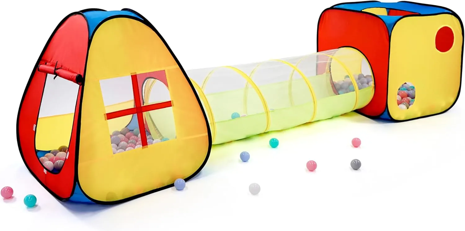 3 in 1 Pop Up Kids Play Tent with Tunnel and Ball Pit for Kids, Boys, Girls, Babies and Toddlers, Indoor/Outdoor Playhouse, Red&Yellow&Blue
