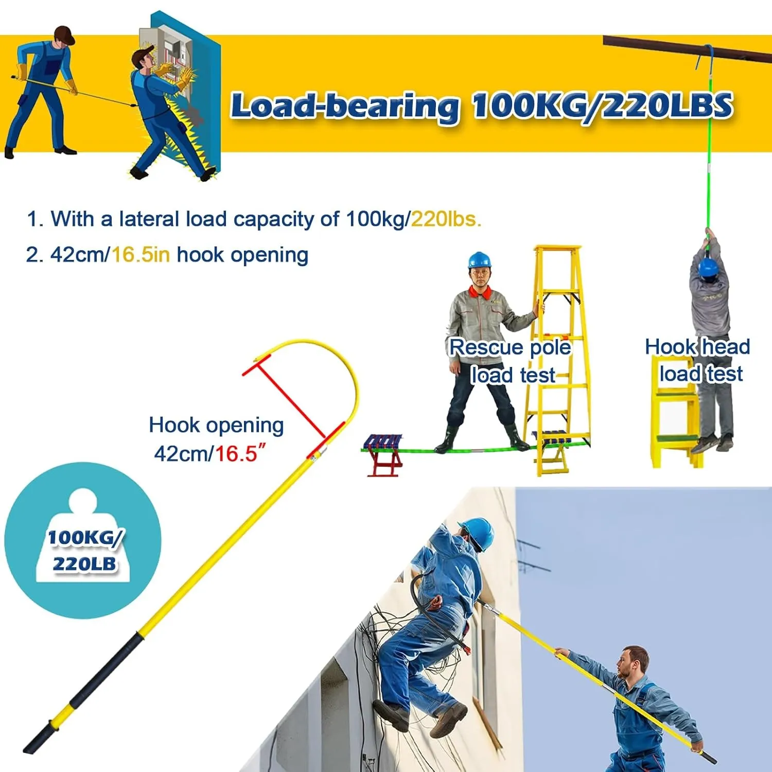 3.3Ft 4.9Ft 6.6Ft 9.8Feet Insulated Electrical Rescue Hook, Anti Electric Shock Rescue Pole/Safety Electrical Personal Rescue Stick, High Voltage Insulated Security Tools Rod(Yellow,3.3ft/39.4in/1m)