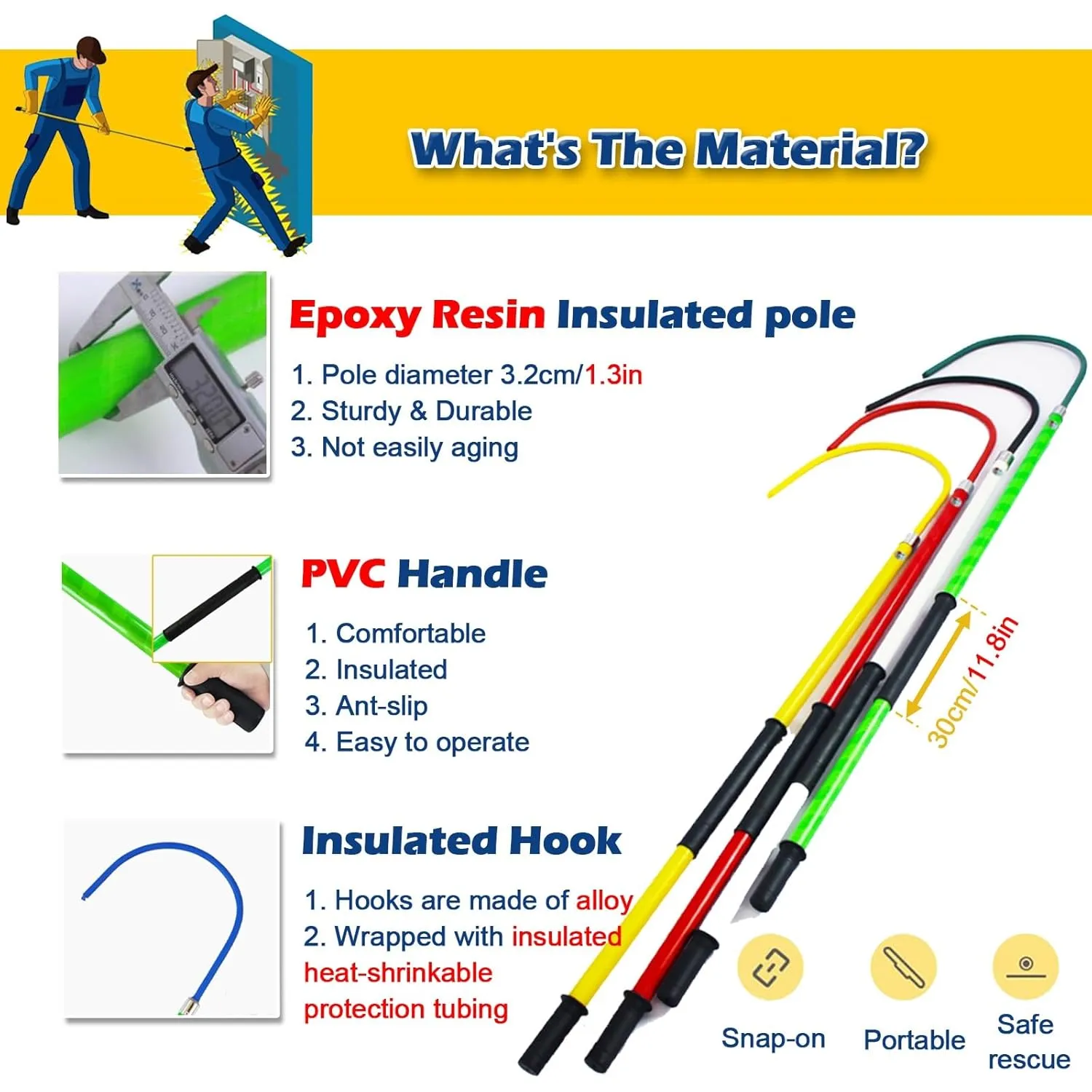 3.3Ft 4.9Ft 6.6Ft 9.8Feet Insulated Electrical Rescue Hook, Anti Electric Shock Rescue Pole/Safety Electrical Personal Rescue Stick, High Voltage Insulated Security Tools Rod(Yellow,3.3ft/39.4in/1m)