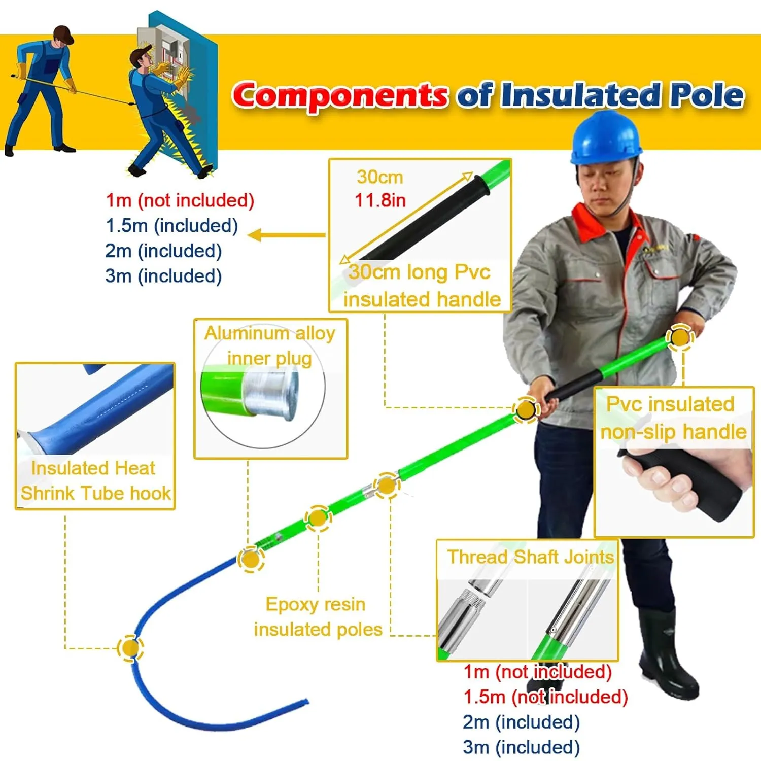 3.3Ft 4.9Ft 6.6Ft 9.8Feet Insulated Electrical Rescue Hook, Anti Electric Shock Rescue Pole/Safety Electrical Personal Rescue Stick, High Voltage Insulated Security Tools Rod(Yellow,3.3ft/39.4in/1m)
